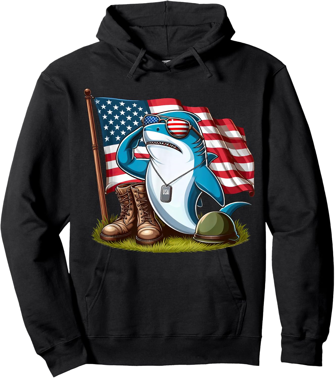 Salute Shark American USA Flag Memorial Day 4th of July Hoodie - Hoodie | Black