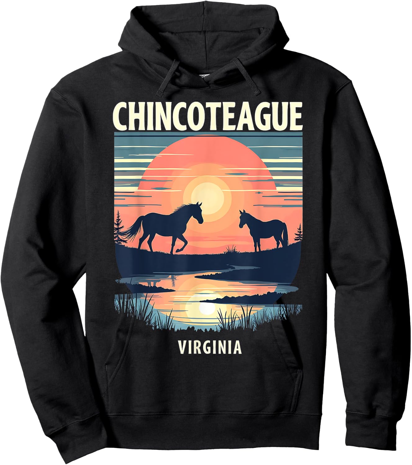 Retro Sunset Horse Silhouettes Chincoteague Virginia Hoodie - Hoodie | Black