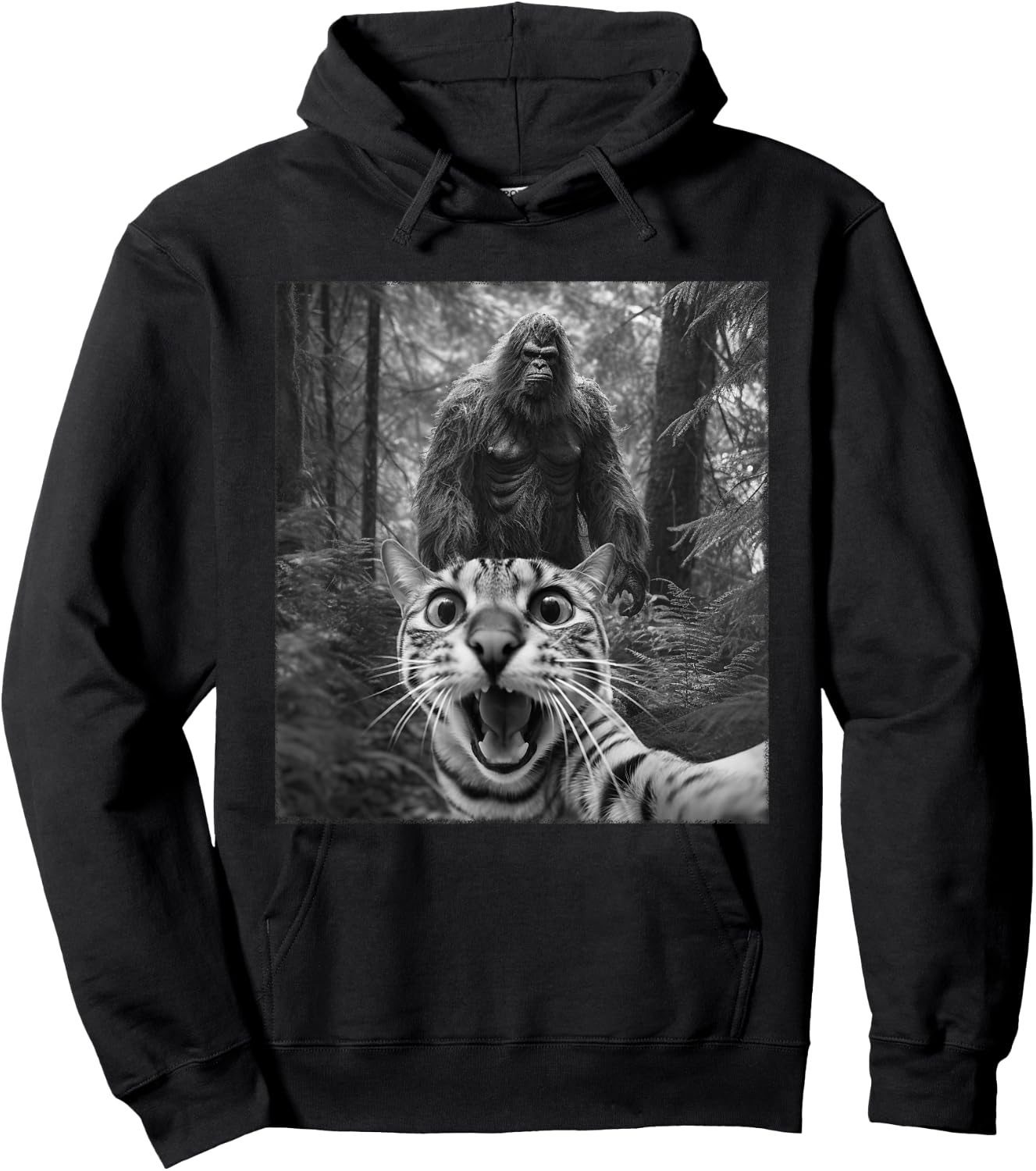 Surprised Scared Cat Selfie With Sasquatsch Bigfoot Meme Women Kids Hoodie - Hoodie | Black
