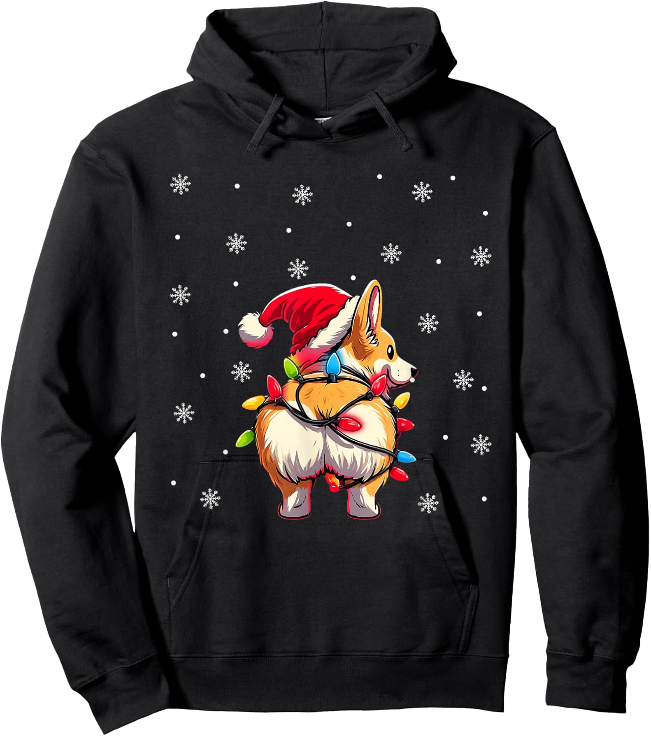 Corgi Butt Funny Santa Hat Christmas Snowflakes Lights Hoodie - Hoodie | Black