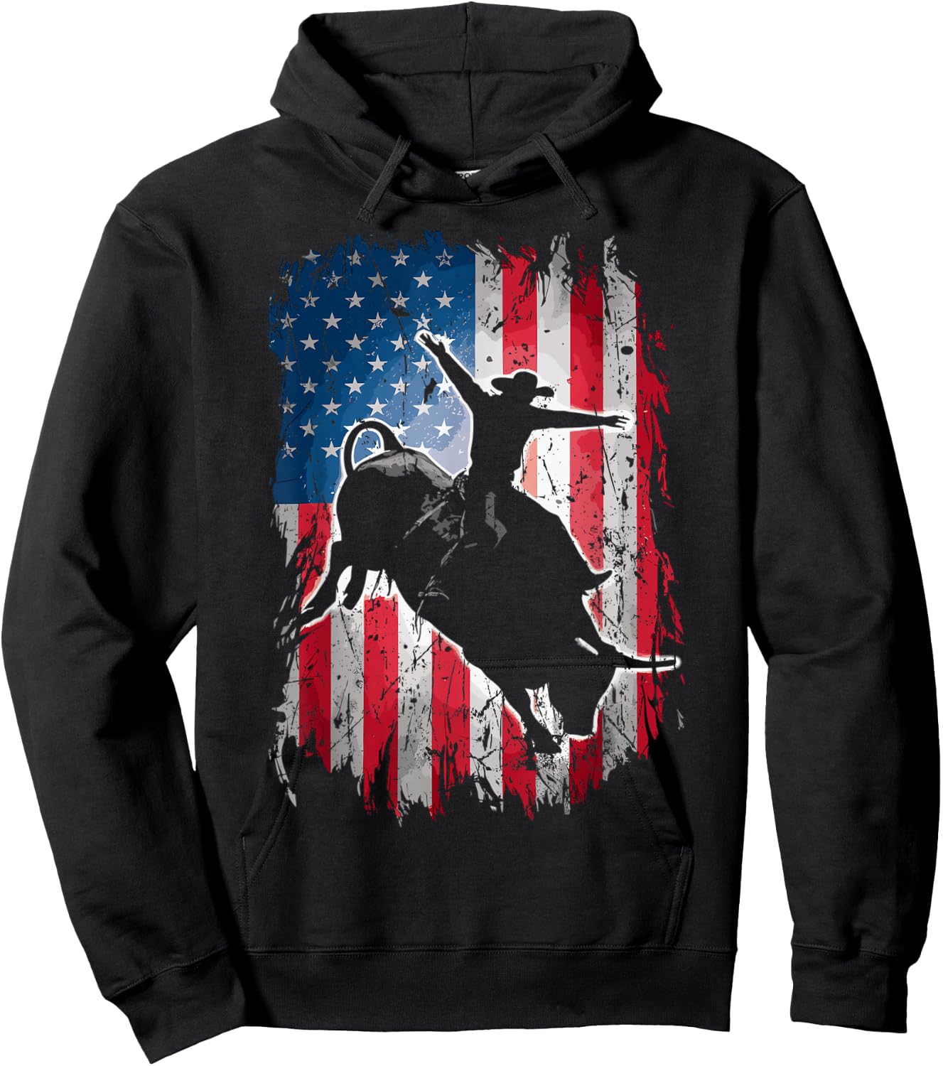 Rodeo Rider Bull USA Flag American Patriotic Cowboys Hoodie - Hoodie | Black