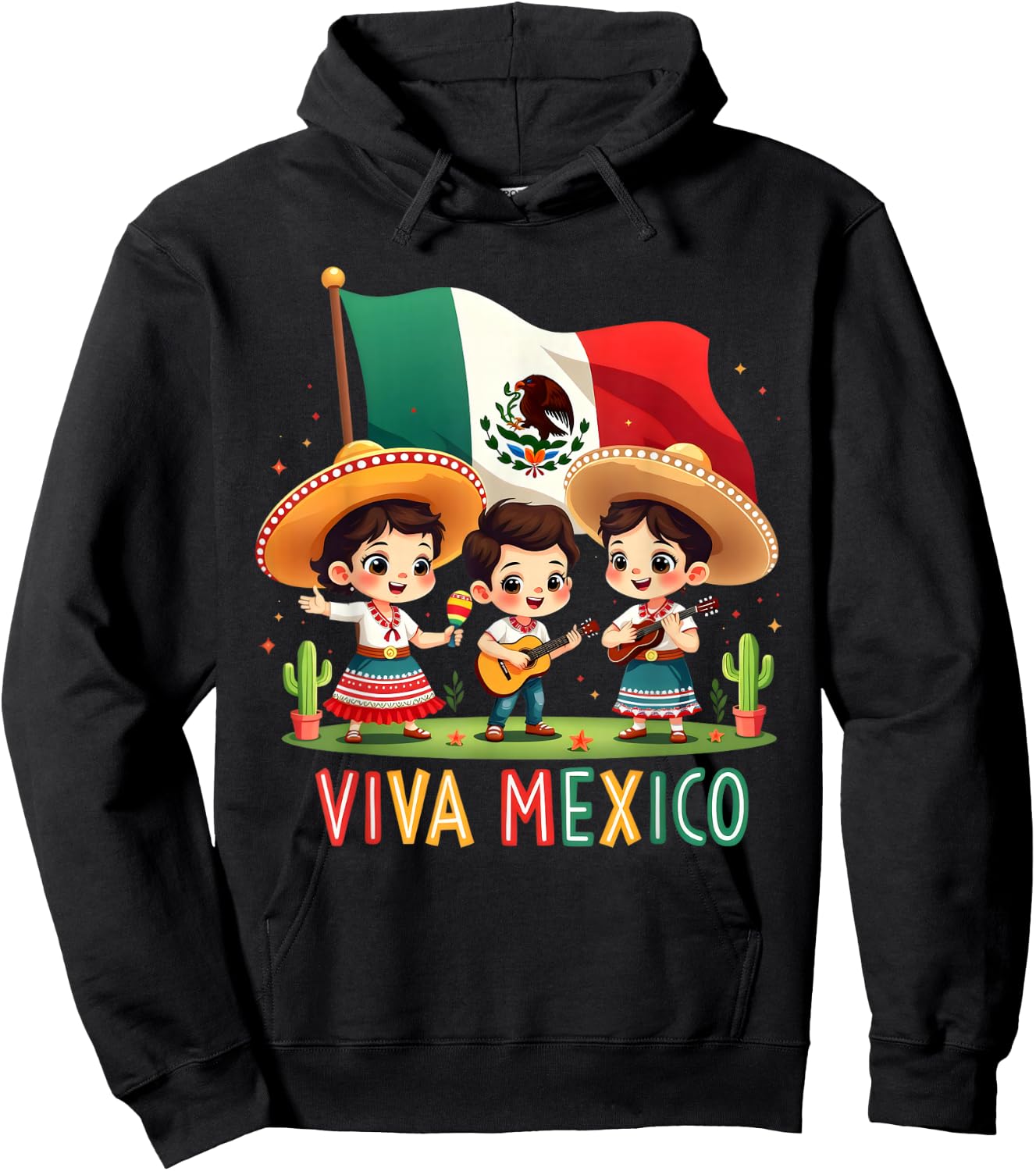 Viva Mexico Girl Boy Maracas Guitar Mexican Independence Day Hoodie - Hoodie | Black