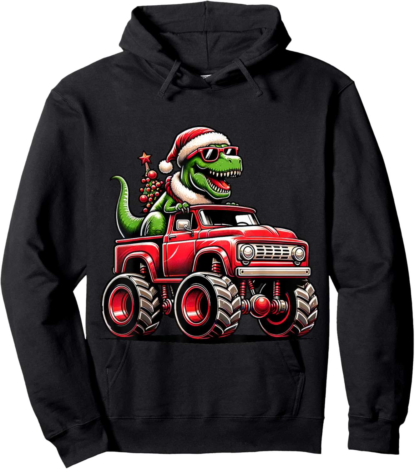 Christmas T Rex Monster Truck Boys Dinosaur Santa Xmas Funny Hoodie - Hoodie | Black