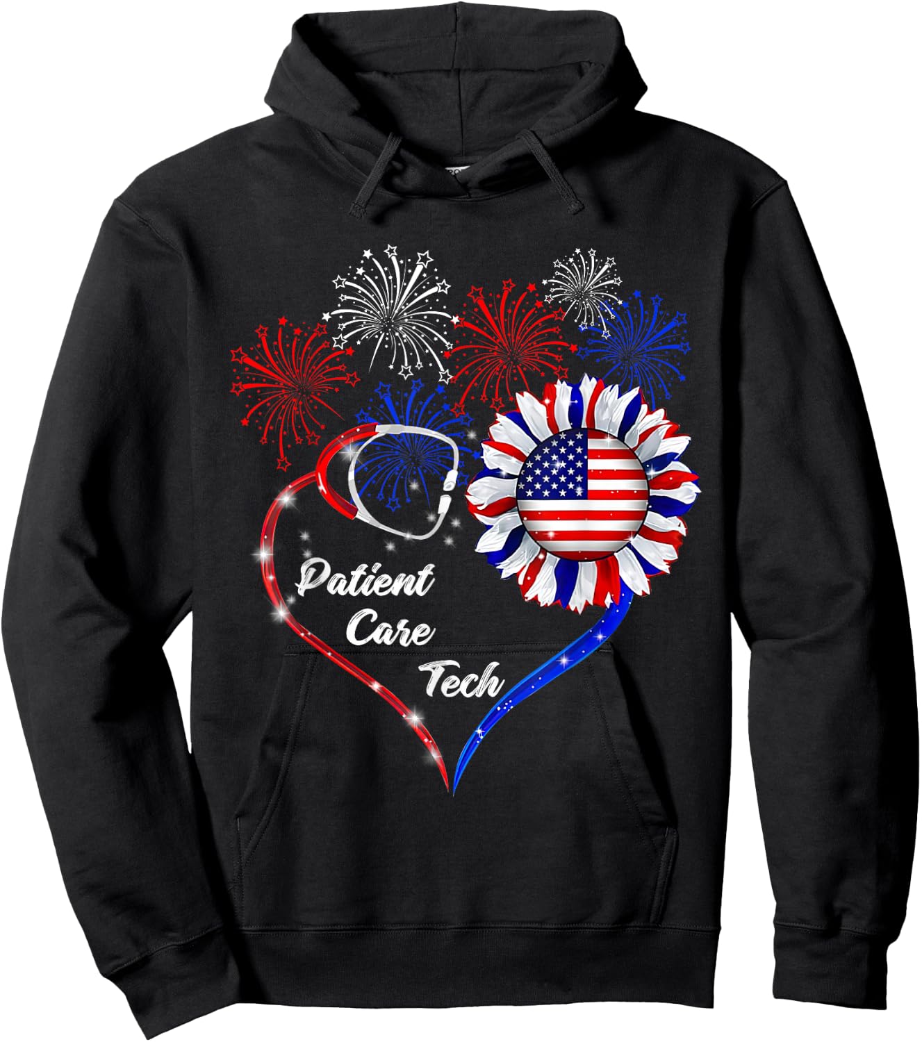 American Flag July 4th Firework Sunflower Patient Care Tech Hoodie - Hoodie | Black