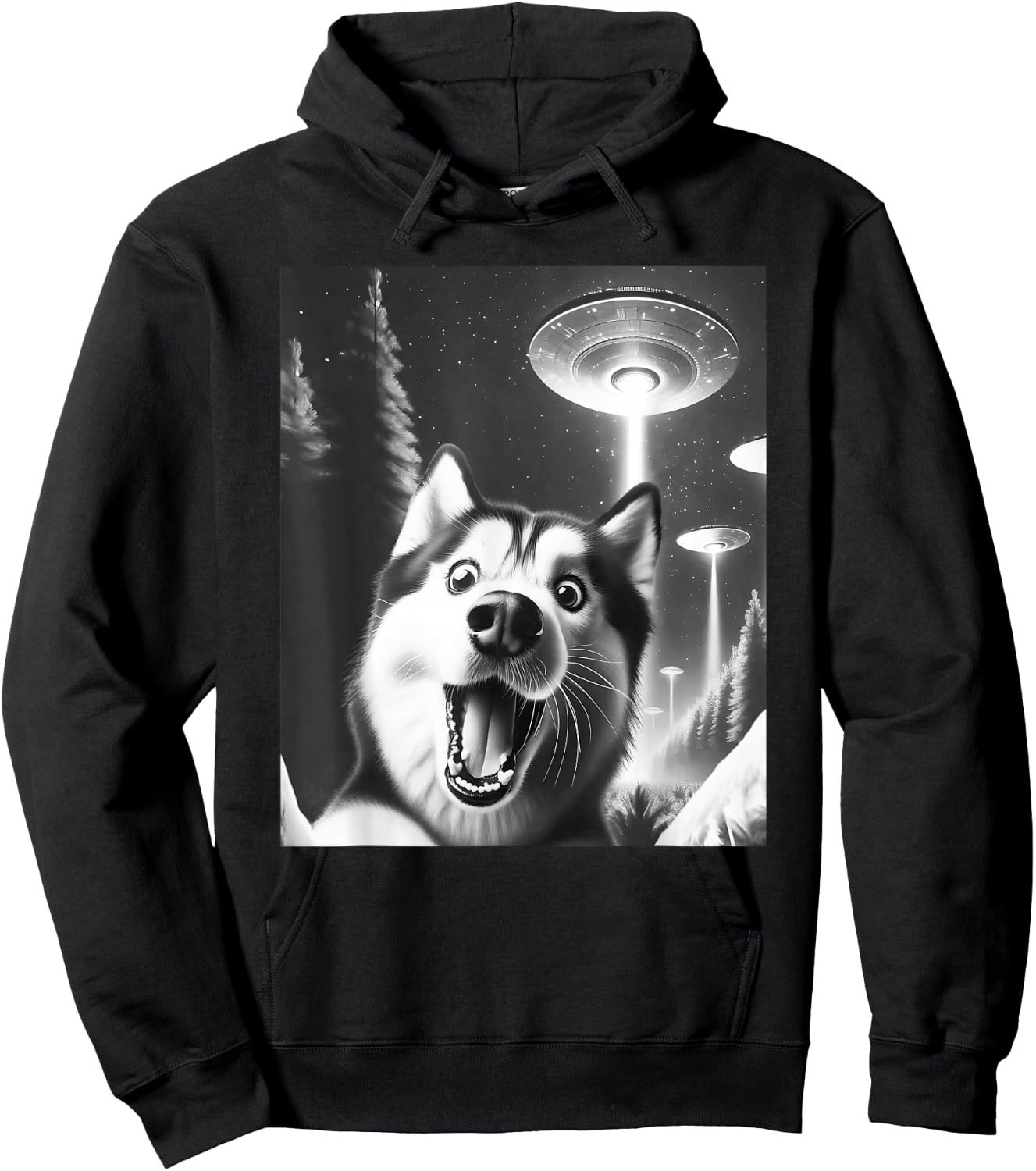 Funny Siberian Husky Alien UFO Taking a Selfie Dog Mom Dad Hoodie - Hoodie | Black