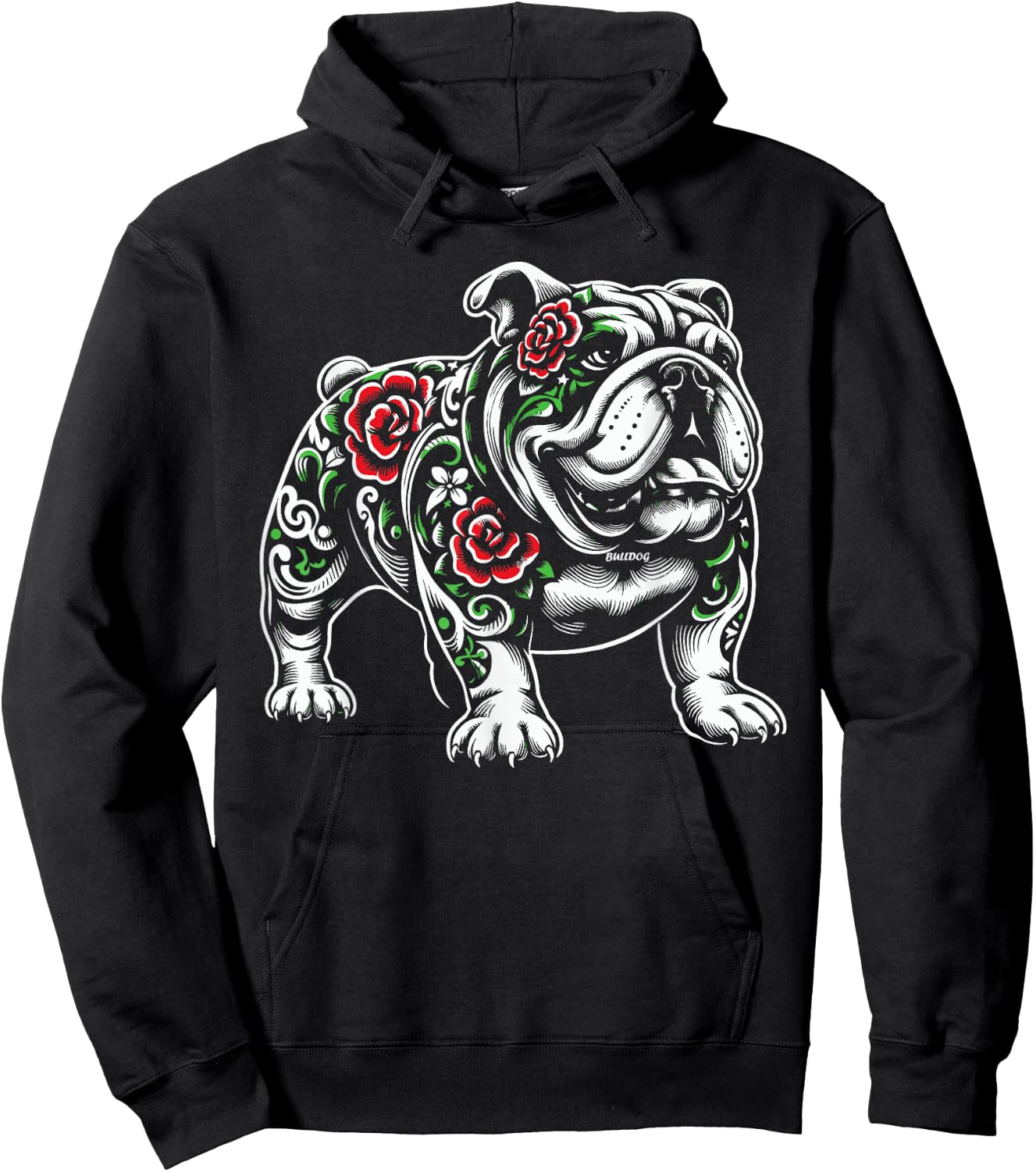 Bulldog Floral Red Rose Hoodie - Hoodie | Black