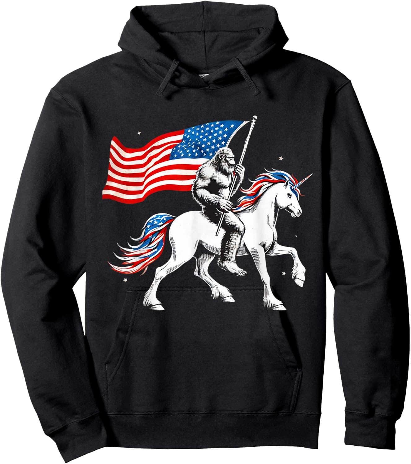Patriotic Bigfoot Riding Unicorn 4th Of July Sasquatch Women Kids Men Hoodie - Hoodie | Black