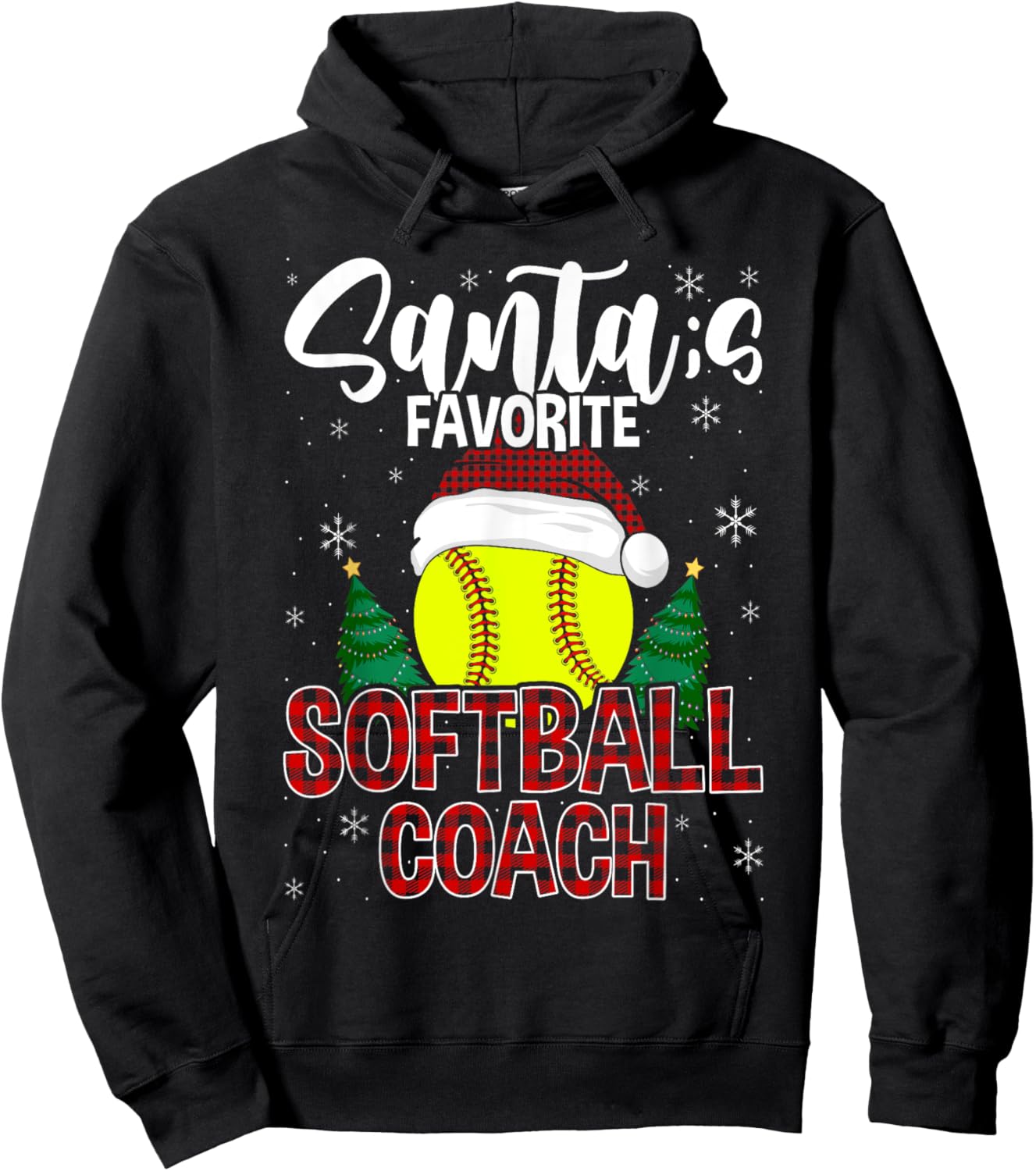 Funny Santa's Favorite Softball Coach Christmas Plaid Xmas Hoodie - Hoodie | Black