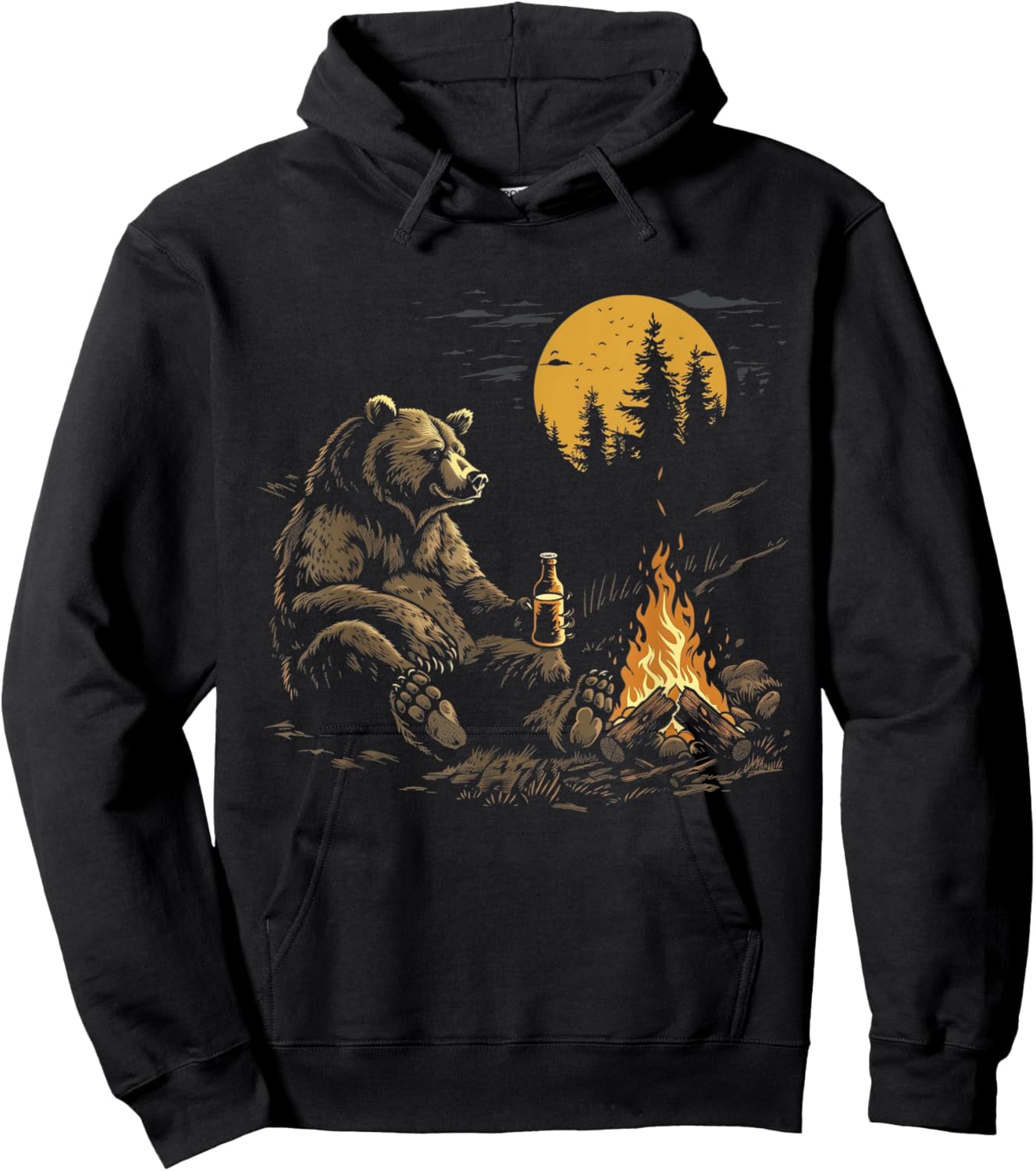 Camping Bear Drinking Beer Hiking Nature Funny Grizzly Bear Hoodie - Hoodie | Black