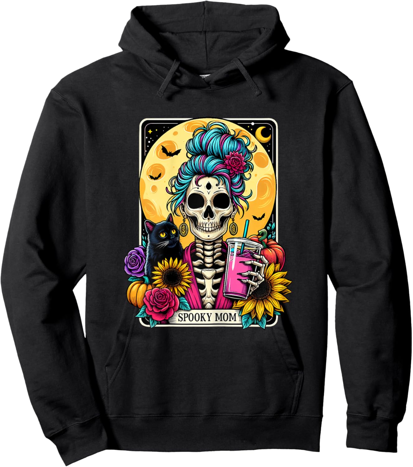 Spooky Mom Tarot Card Halloween Mom Skull Mama Black Cat Hoodie - Hoodie | Black