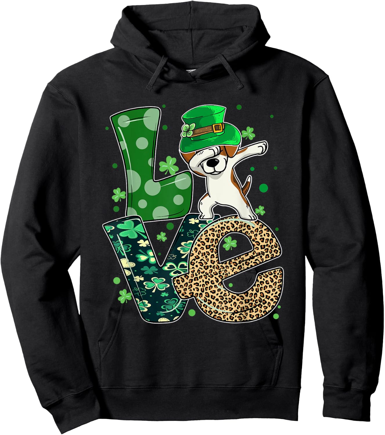 Beagle Dog Dabbing Leopard LOVE Shamrock For St Patricks Day Hoodie - Hoodie | Black
