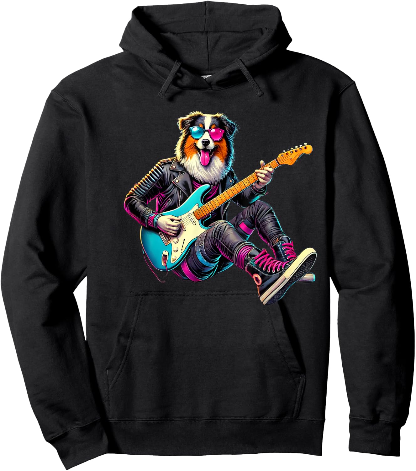 Australian Shepherd Electric Guitar Funny Dog Rock Band Pet Men Women Kids Hoodie - Hoodie | Black