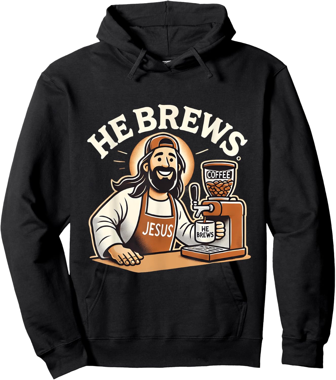 He Brews Coffee Jesus Cartoon Fun Christian Design Hoodie - Hoodie | Black