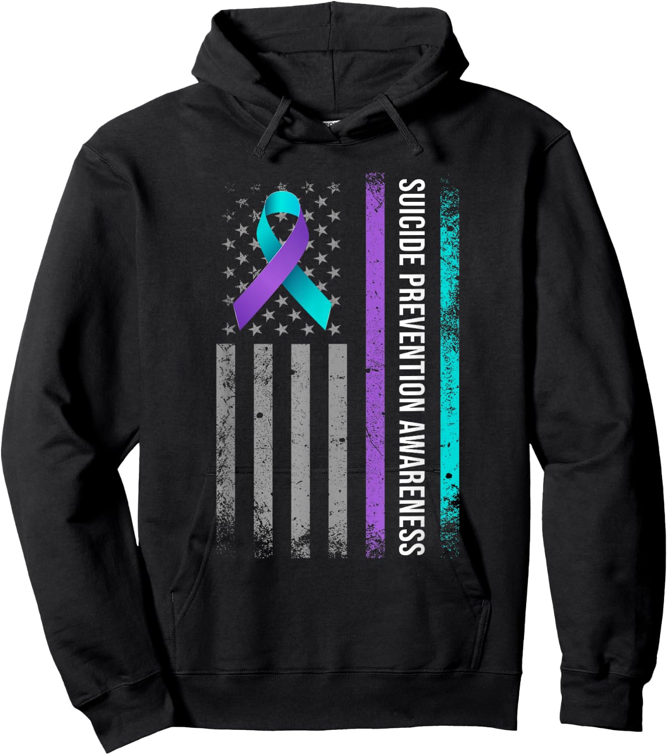 American Flag Suicide Prevention Awareness Teal and Purple Hoodie - Hoodie | Black