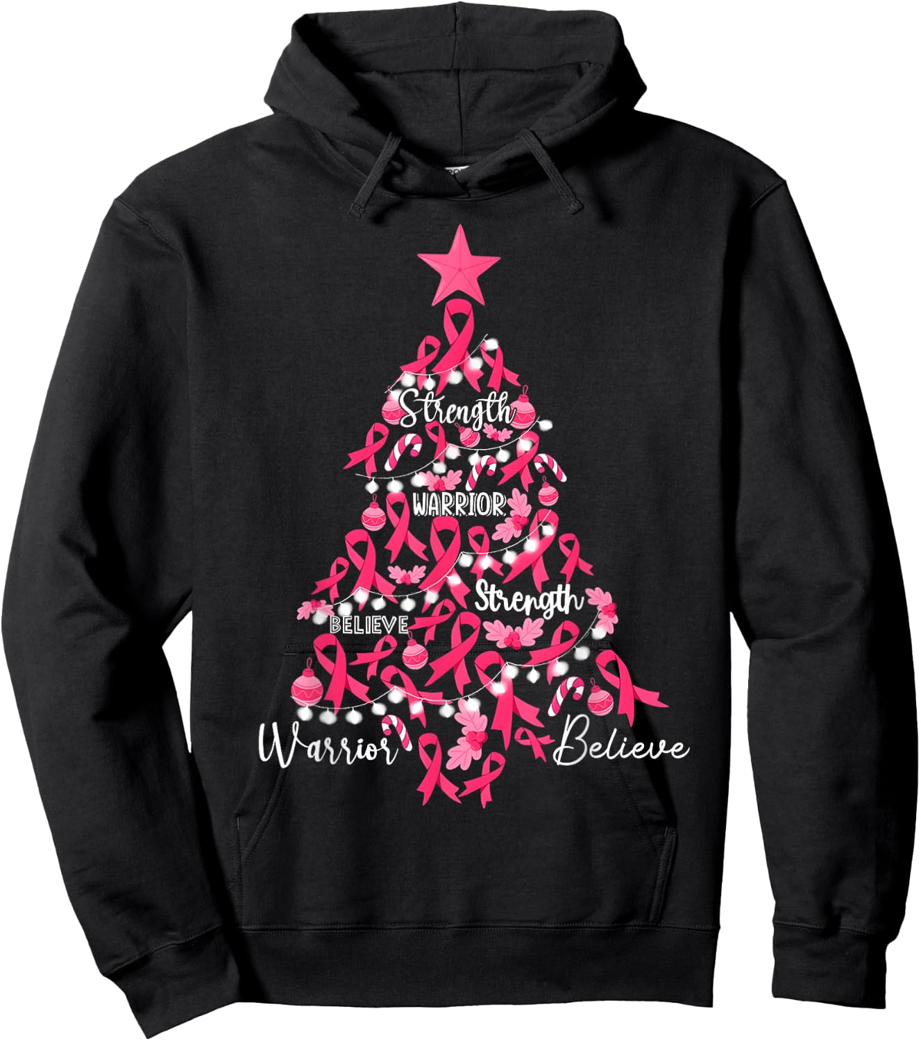 Breast Cancer Christmas Tree Pink Ribbon Fight Awareness Hoodie - Hoodie | Black