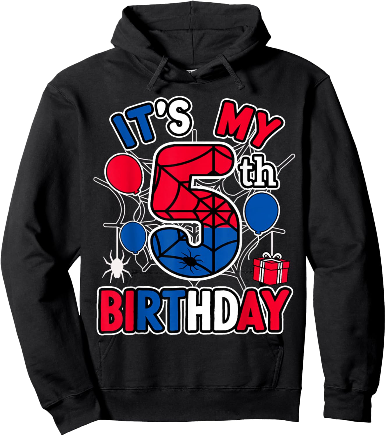 5th Birthday Present Boy Spider Web Theme Party 5 Year Old Hoodie - Hoodie | Black