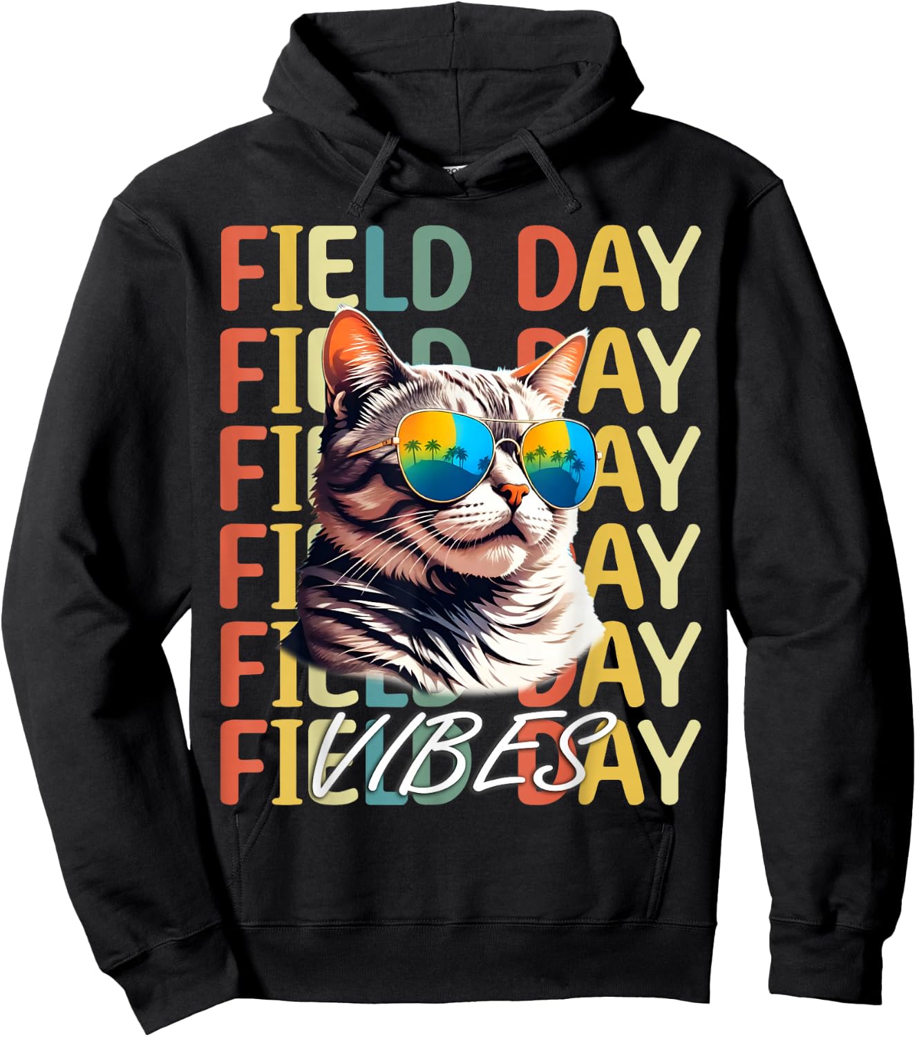 School field day Vibes Summer 2024 Retro Cat Teachers Kids Hoodie - Hoodie | Black