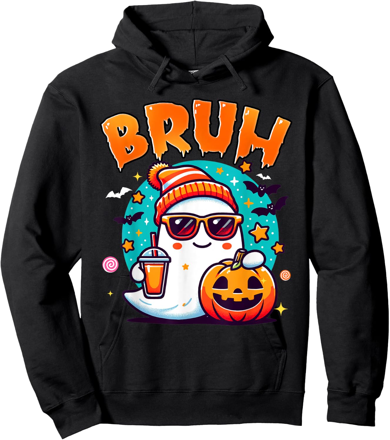 Bruh Ghost Halloween Cute Ghost Trick Or Treat Candy Kids Hoodie - Hoodie | Black