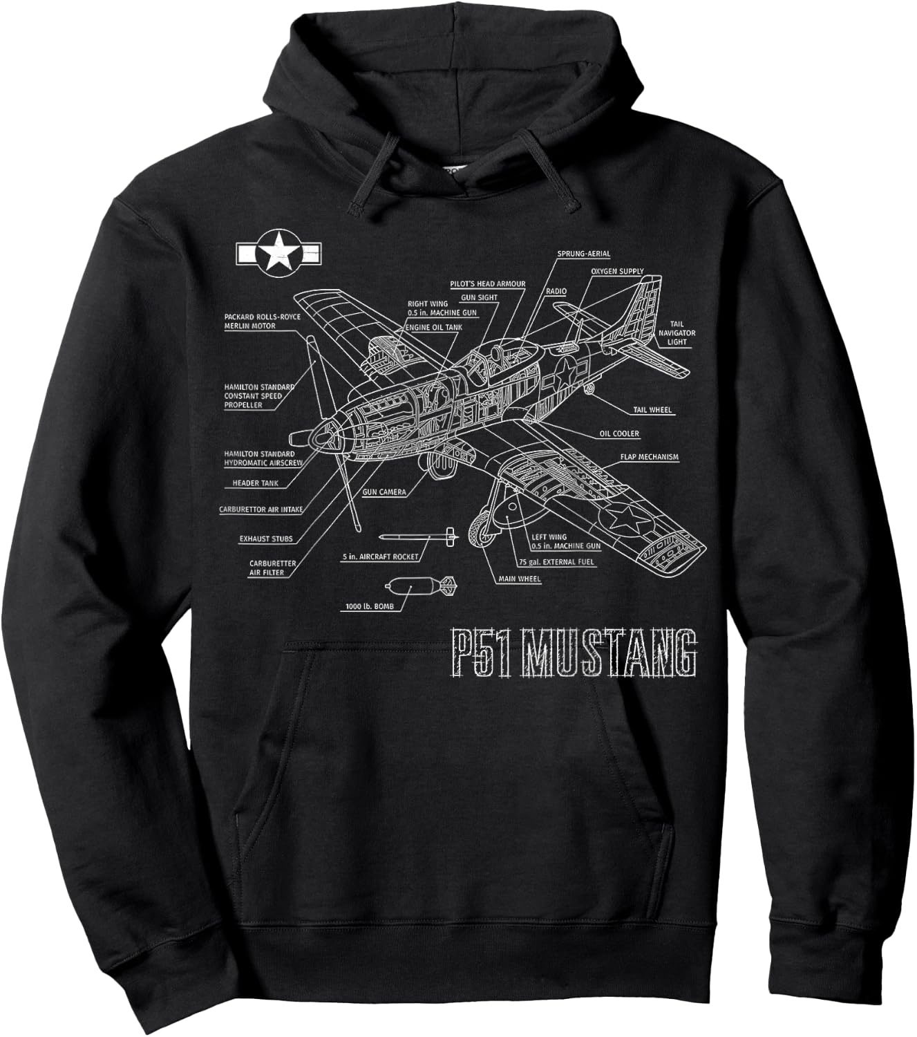 World War 2 American P51 Mustang Fighter Plane blueprint Hoodie - Hoodie | Black