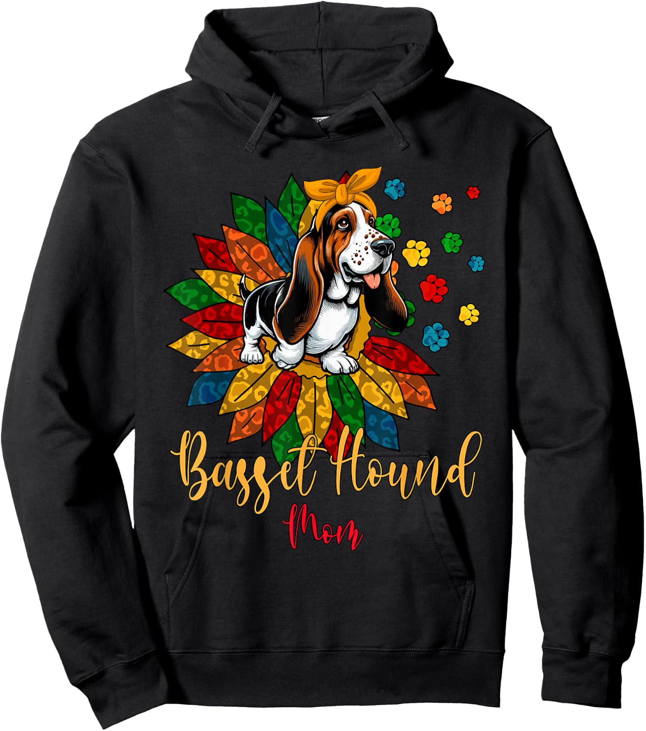 Basset Hound Mom Cute Colorful Leopard Sunflower Dog Paws Women Kids Hoodie - Hoodie | Black