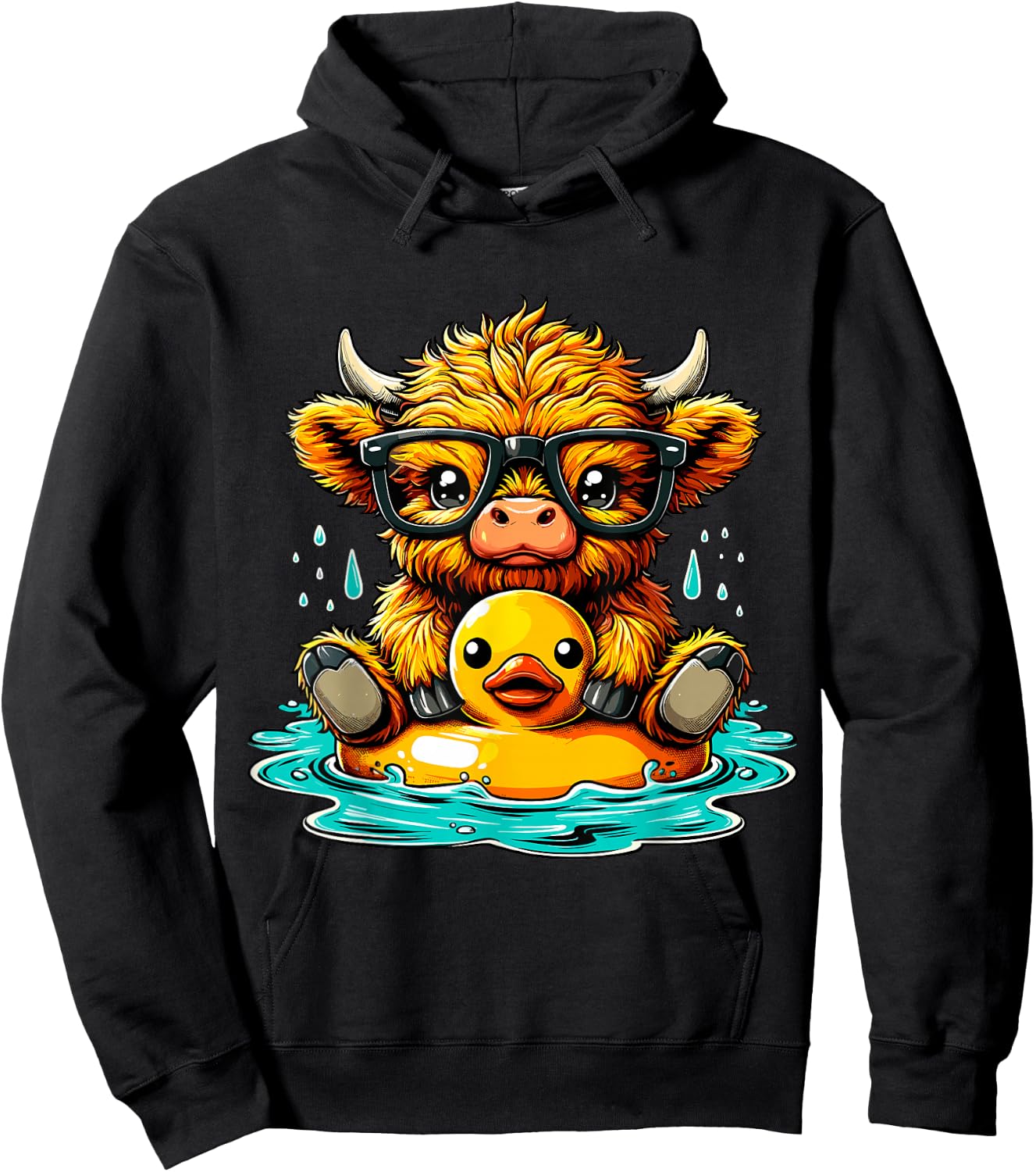 Highland Cow and Rubber Duck Swimming Summer Vacation Hoodie - Hoodie | Black