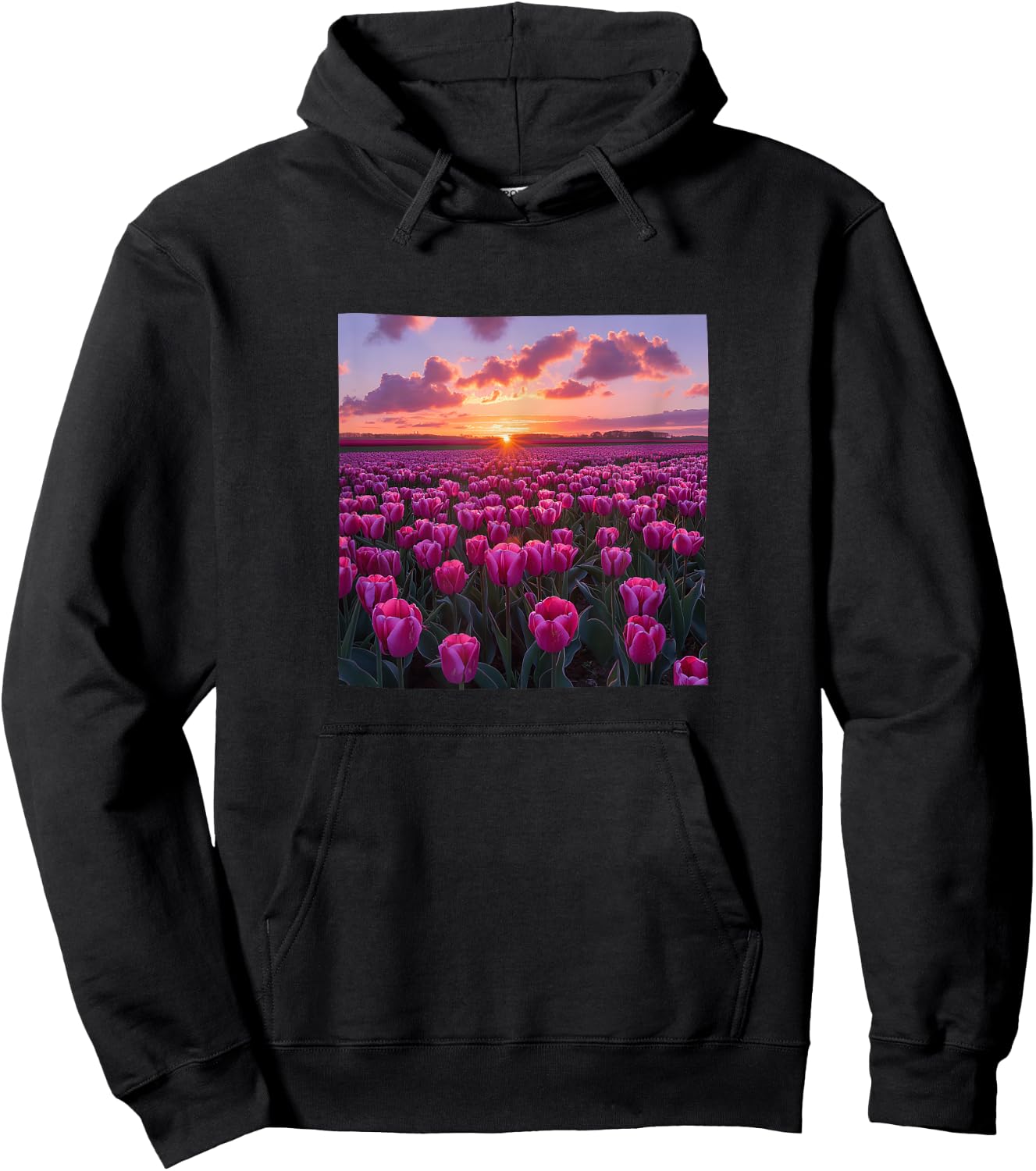 Tulip Flower Field Beautiful Sunset Graphic Hoodie - Hoodie | Black