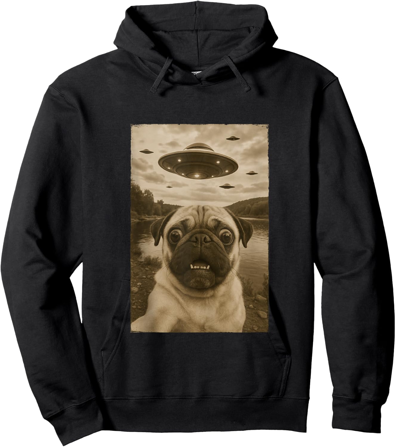 Vintage Pug UFO Encounters - Funny UFO and Pug Selfie Hoodie - Hoodie | Black