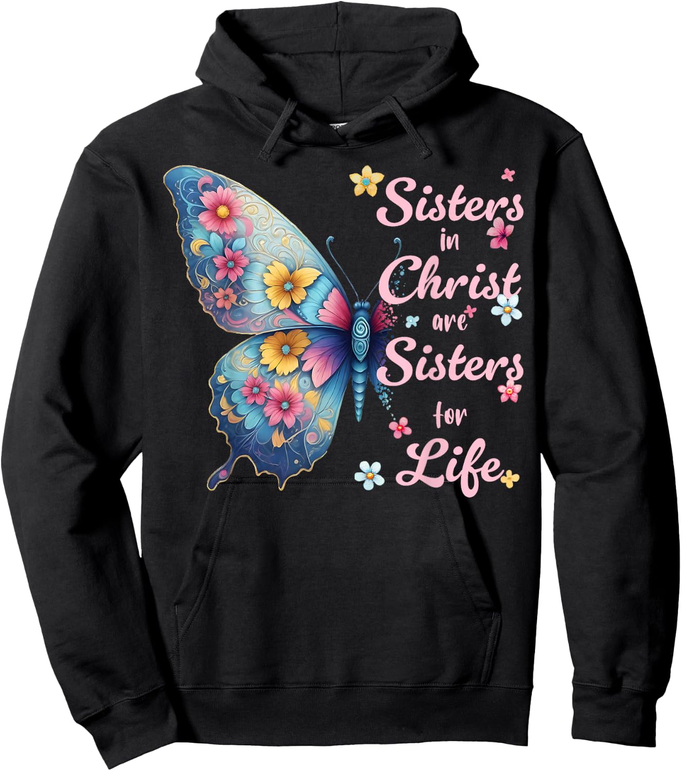 Sisters in Christ Pretty Floral Butterfly Christian Hoodie - Hoodie | Black