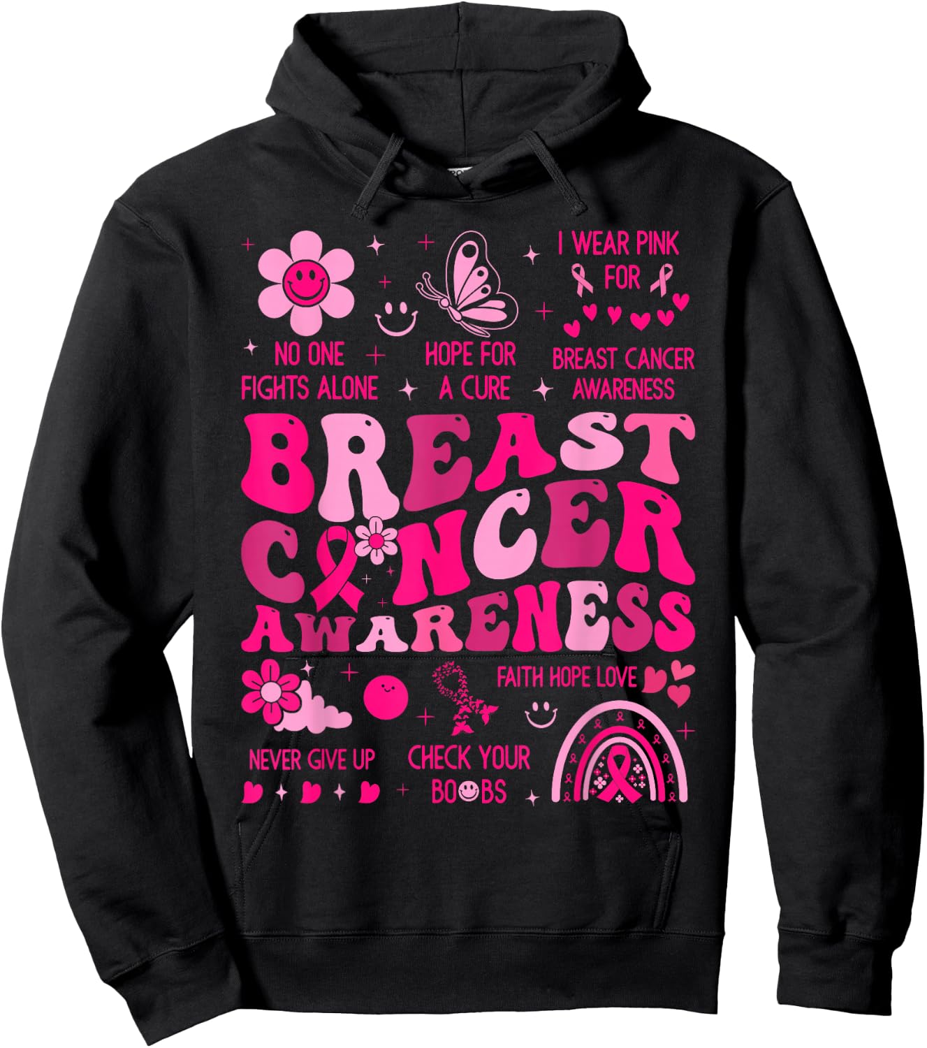 Groovy Breast Cancer Awareness Support Squad Women Girl Pink Hoodie - Hoodie | Black