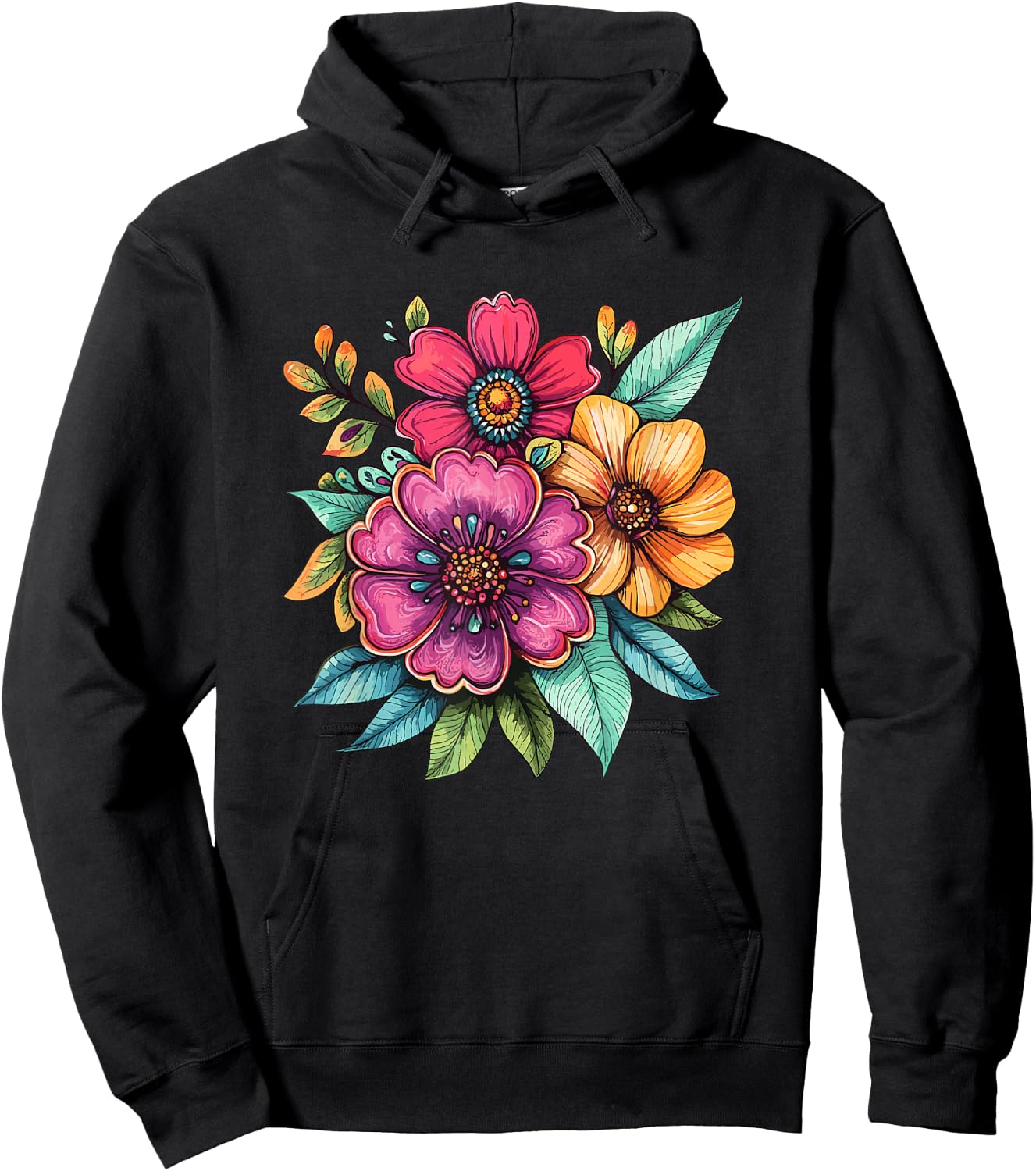 Colorful Wildflower Bouquet Bright Spring Floral Hoodie - Hoodie | Black