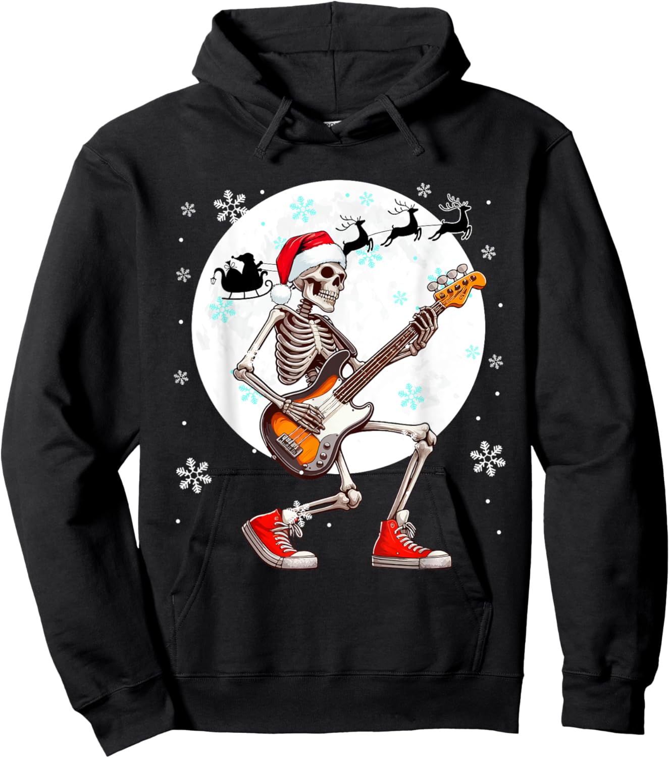 Christmas Santa Skeletons Playing Guitar Bass Guitarist Hoodie - Hoodie | Black