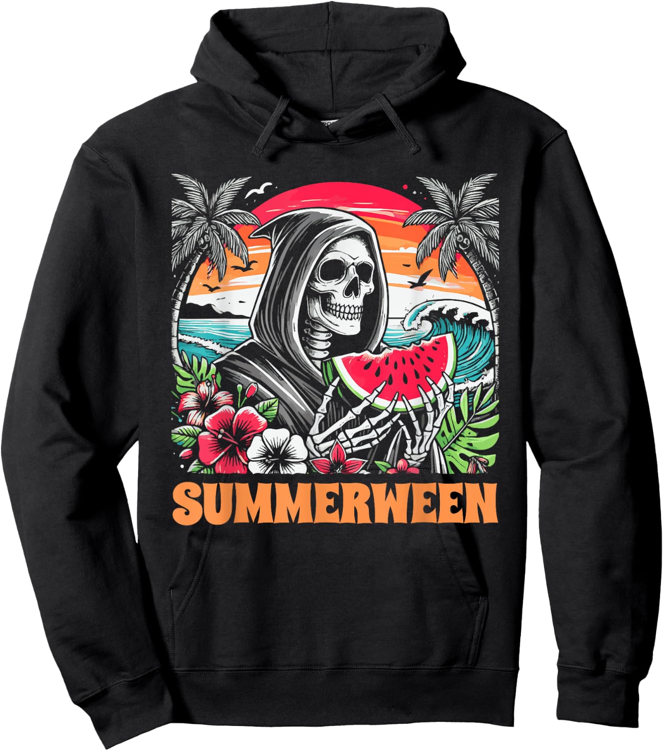 Summerween Skeleton Tropical Beach Scene Hoodie - Hoodie | Black