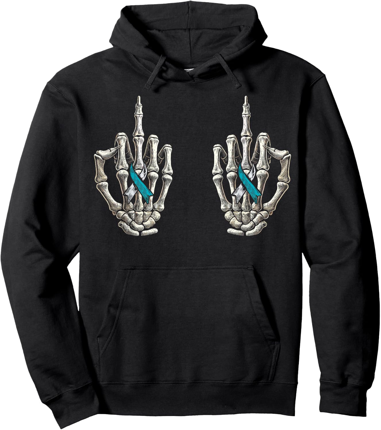 Cervical Cancer Awareness, Skeleton Teal And White Ribbon Hoodie - Hoodie | Black