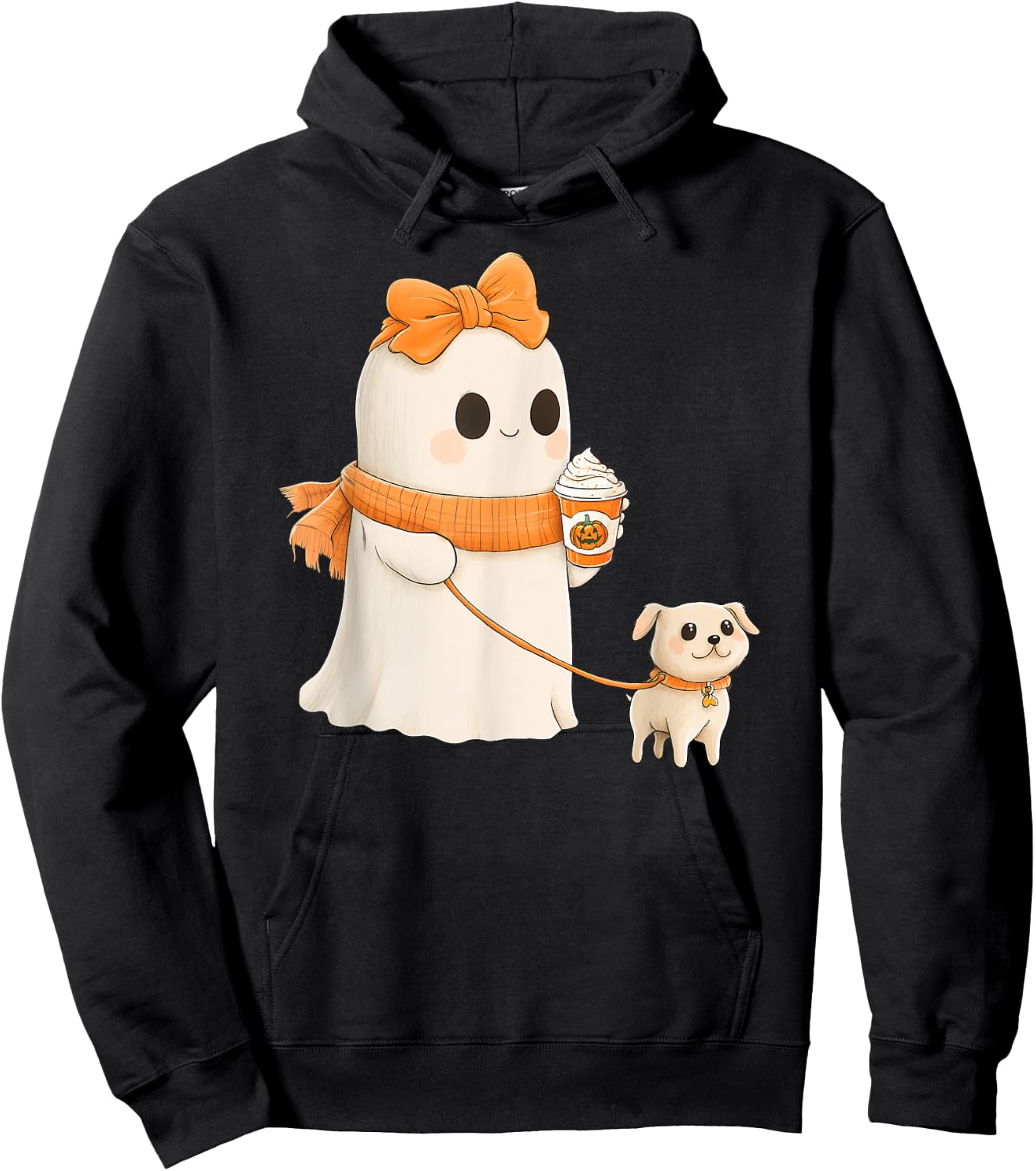 Cute Ghost Walking Dog Coquette Bow Halloween Dog Lover Girl Hoodie - Hoodie | Black