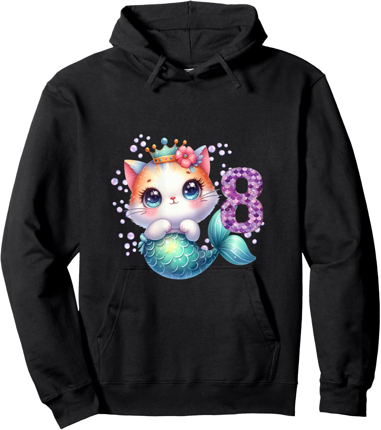 Cat Mermaid 8th Birthday 8 Year Old Party Girls Outfit Hoodie - Hoodie | Black