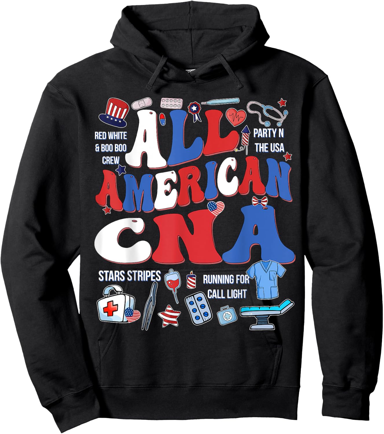 All American CNA 4th Of July Scrub Top Patriot Women RN CNA Hoodie - Hoodie | Black