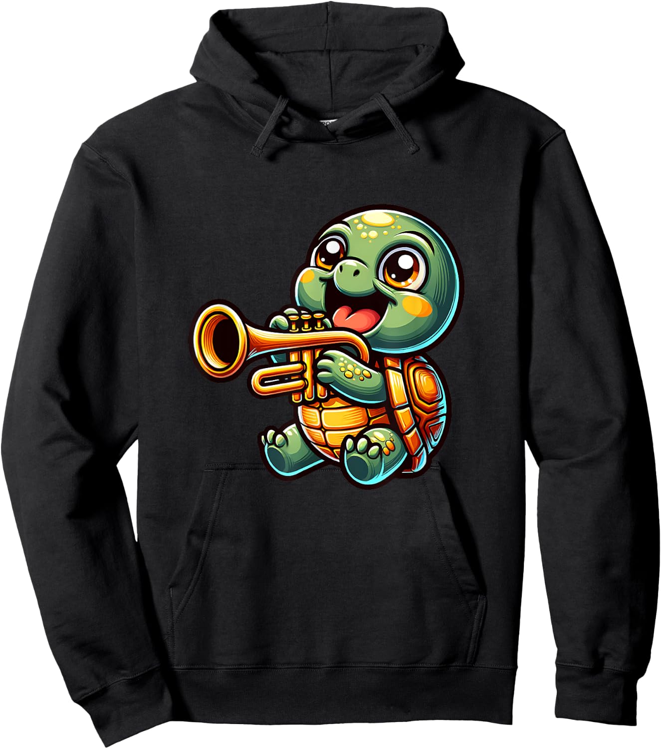 Cute Turtle Playing Trumpet Cartoon Design Hoodie - Hoodie | Black