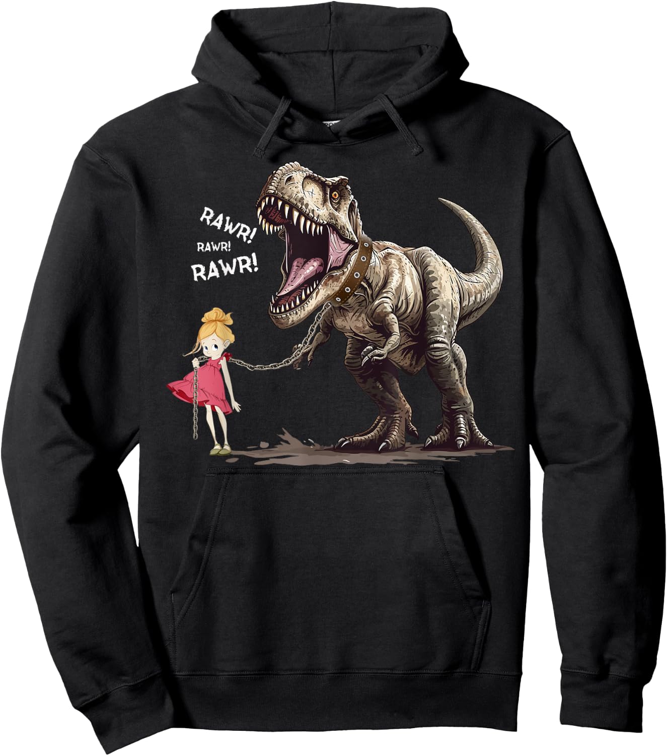 Cute T-Rex Dinosaur Pet on a Leach led by a Girl Hoodie - Hoodie | Black