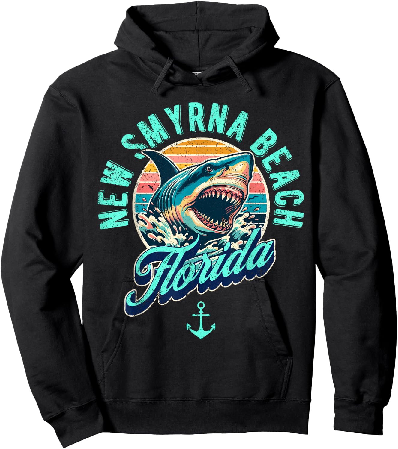 New Smyrna Beach Florida Shark Retro Distressed Design Hoodie - Hoodie | Black