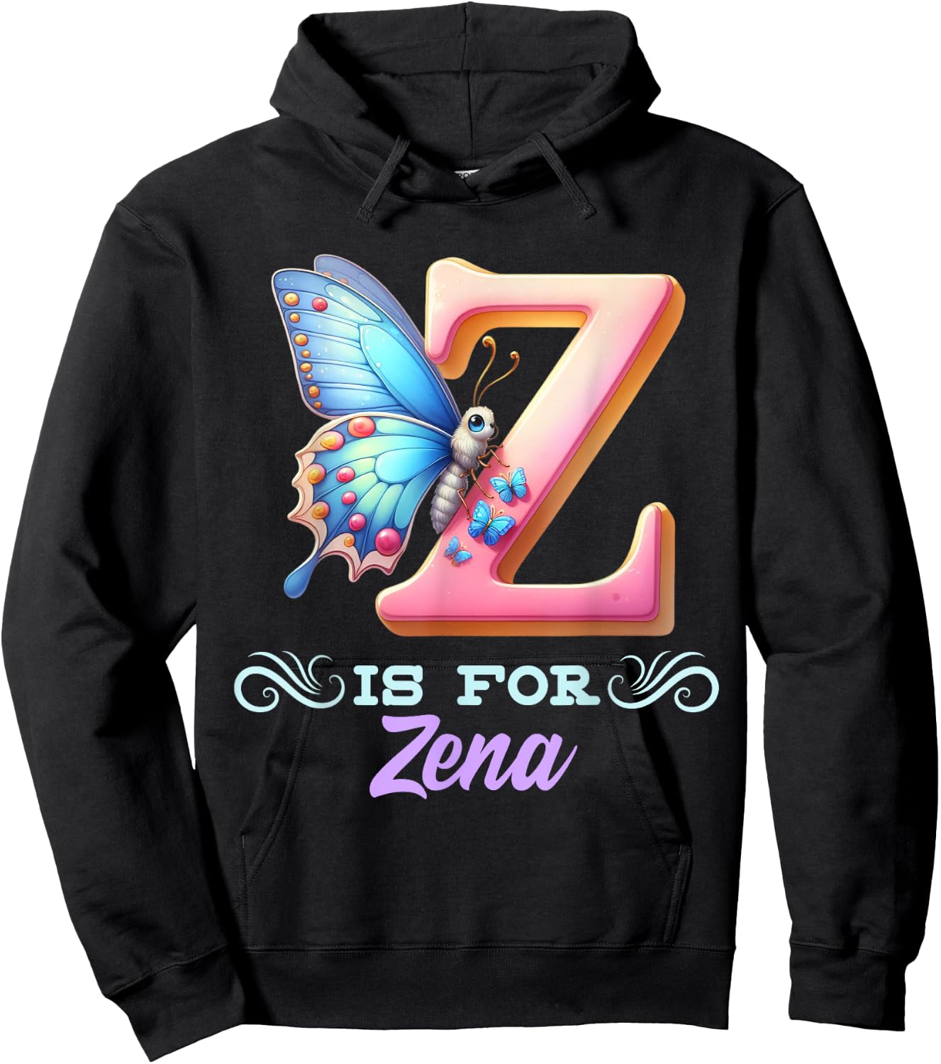 Z Is For Zena Girly Butterfly And Flower Initial Name Hoodie - Hoodie | Black