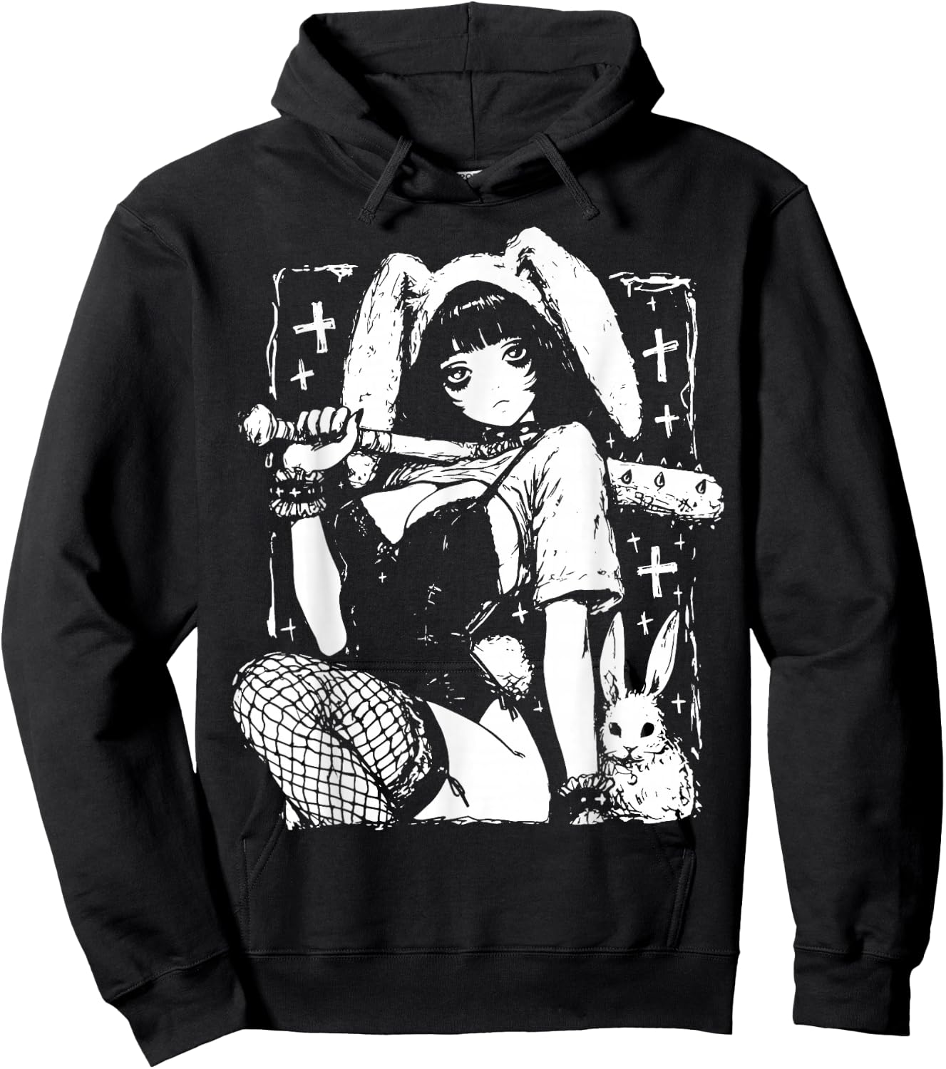 Creepy Horror Bunny Girl Anime Manga Alt Kawaii Harajuku Hoodie - Hoodie | Black
