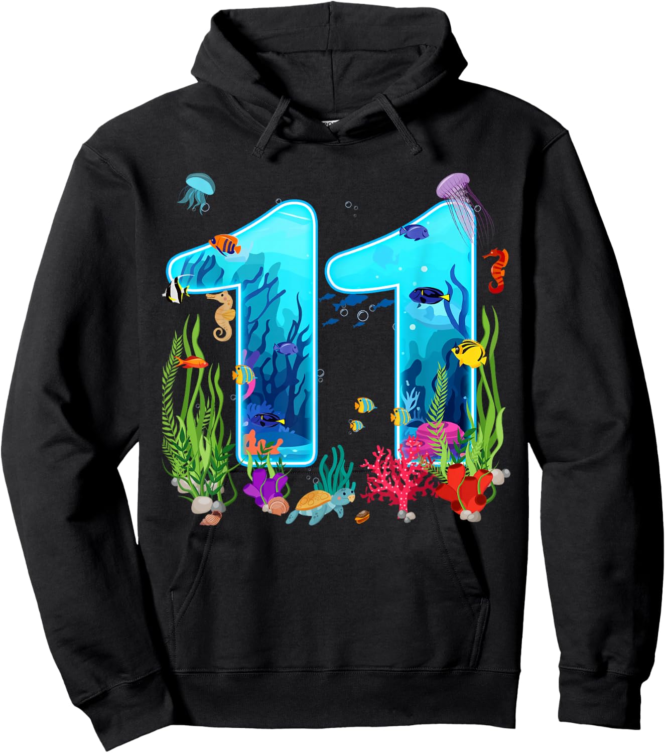 Cute 11 Ocean Sea Animal 11th Bday Party 11 Years Old Hoodie - Hoodie | Black