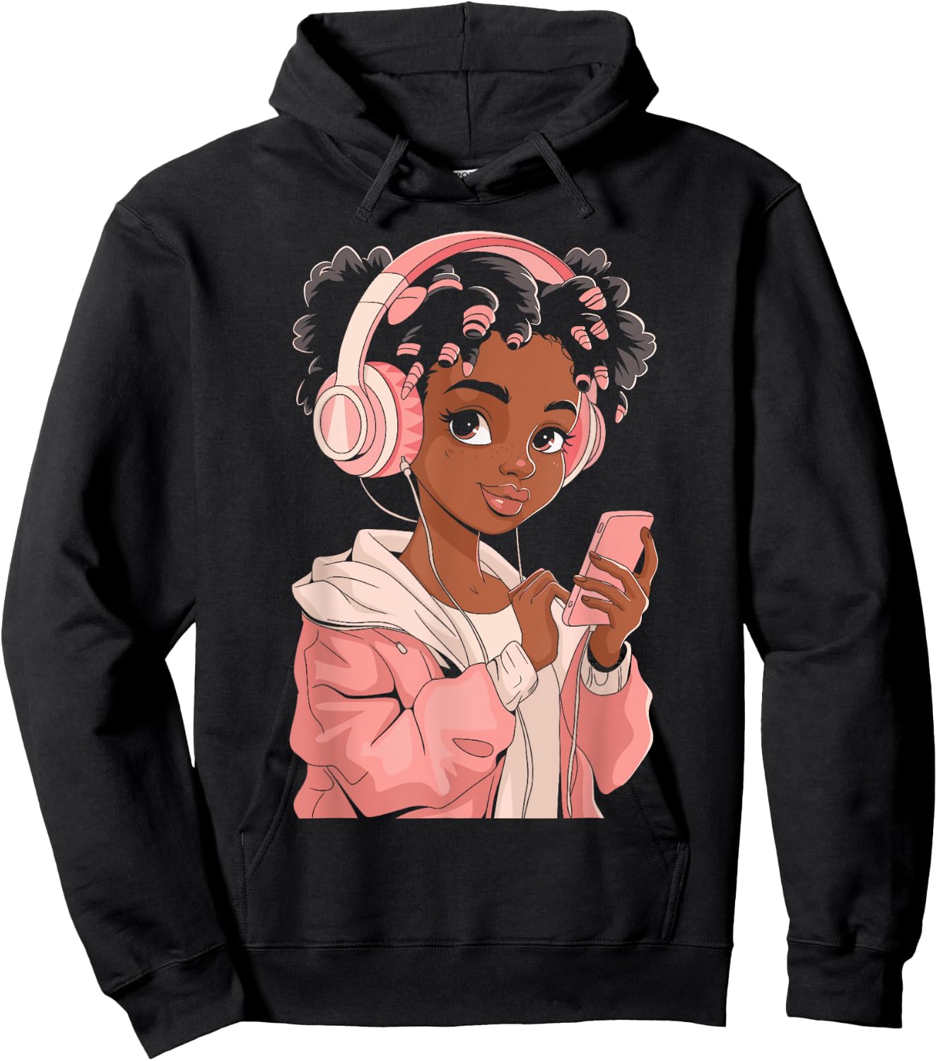 Afro Anime Black Girl with Headphones Kpop Art Hoodie - Hoodie | Black