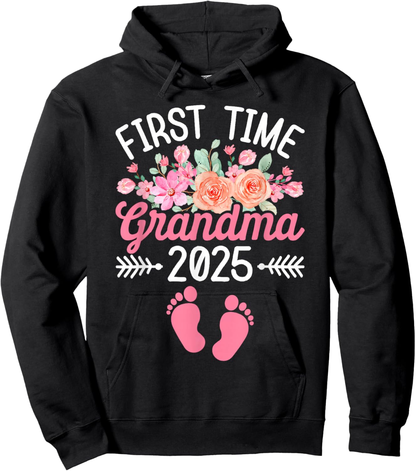 First Time Grandma Est 2025 Flower Promoted To Grandma Hoodie - Hoodie | Black