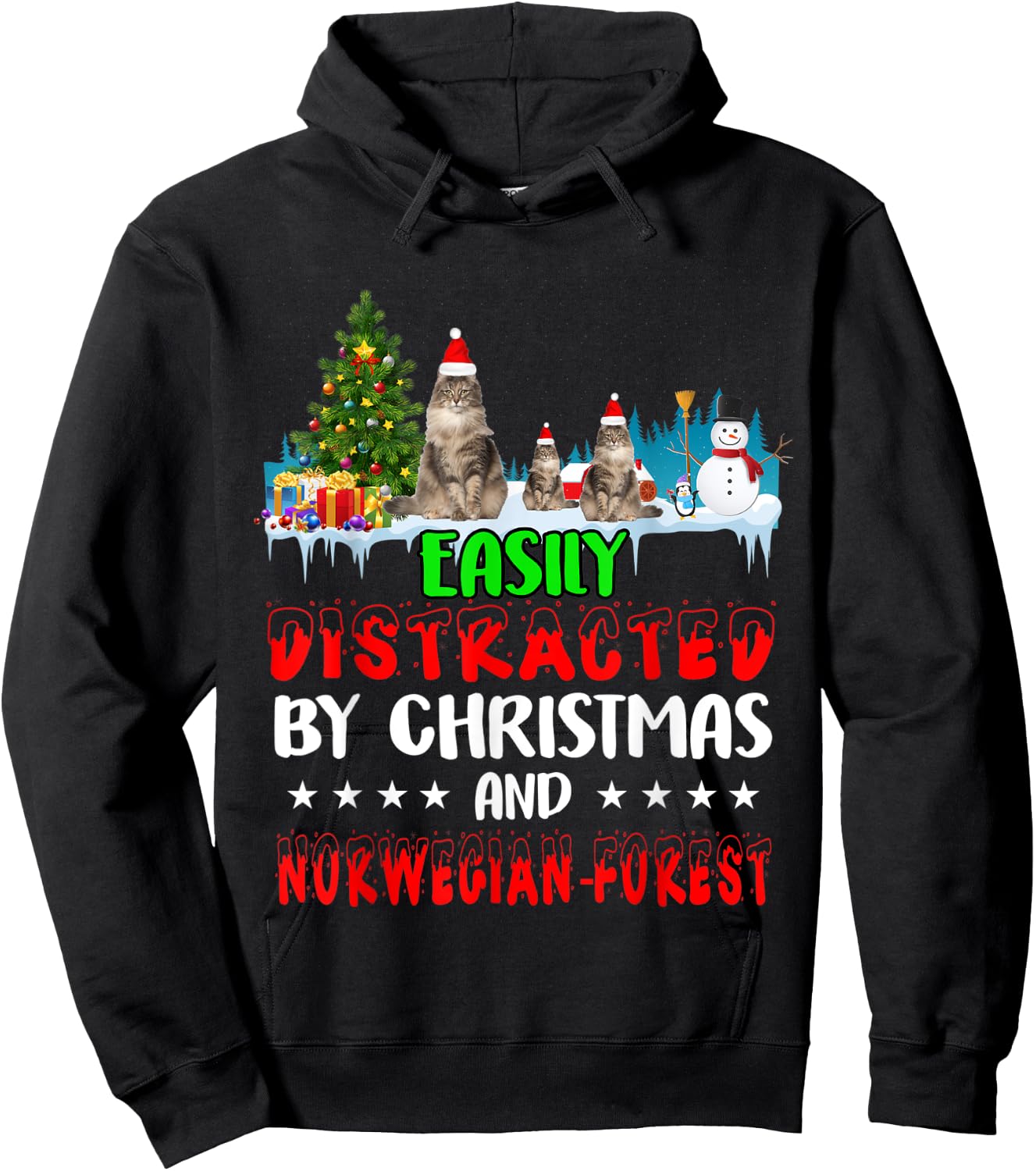 Easily Distracted by Christmas Norwegian Forest Cat on Snow Hoodie - Hoodie | Black