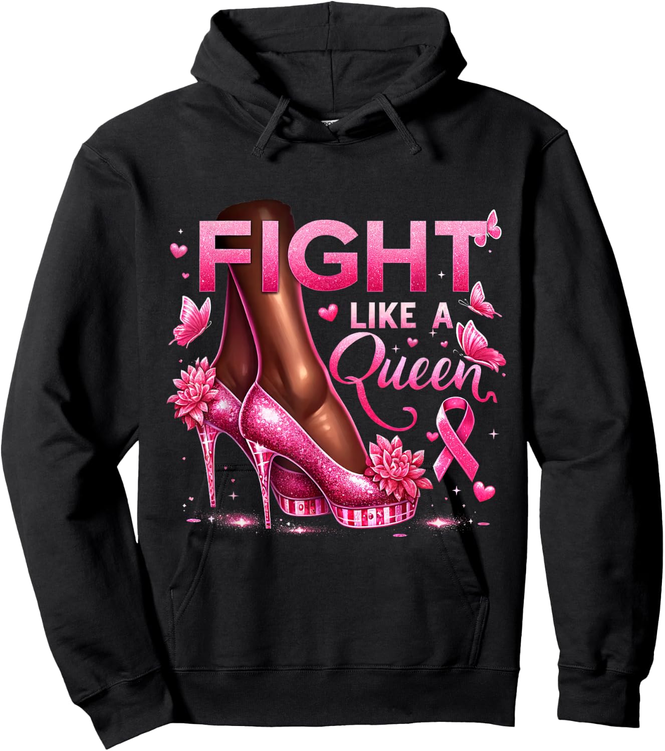 Fight Like A Queen Breast Cancer Awareness High Heels Queen Hoodie - Hoodie | Black