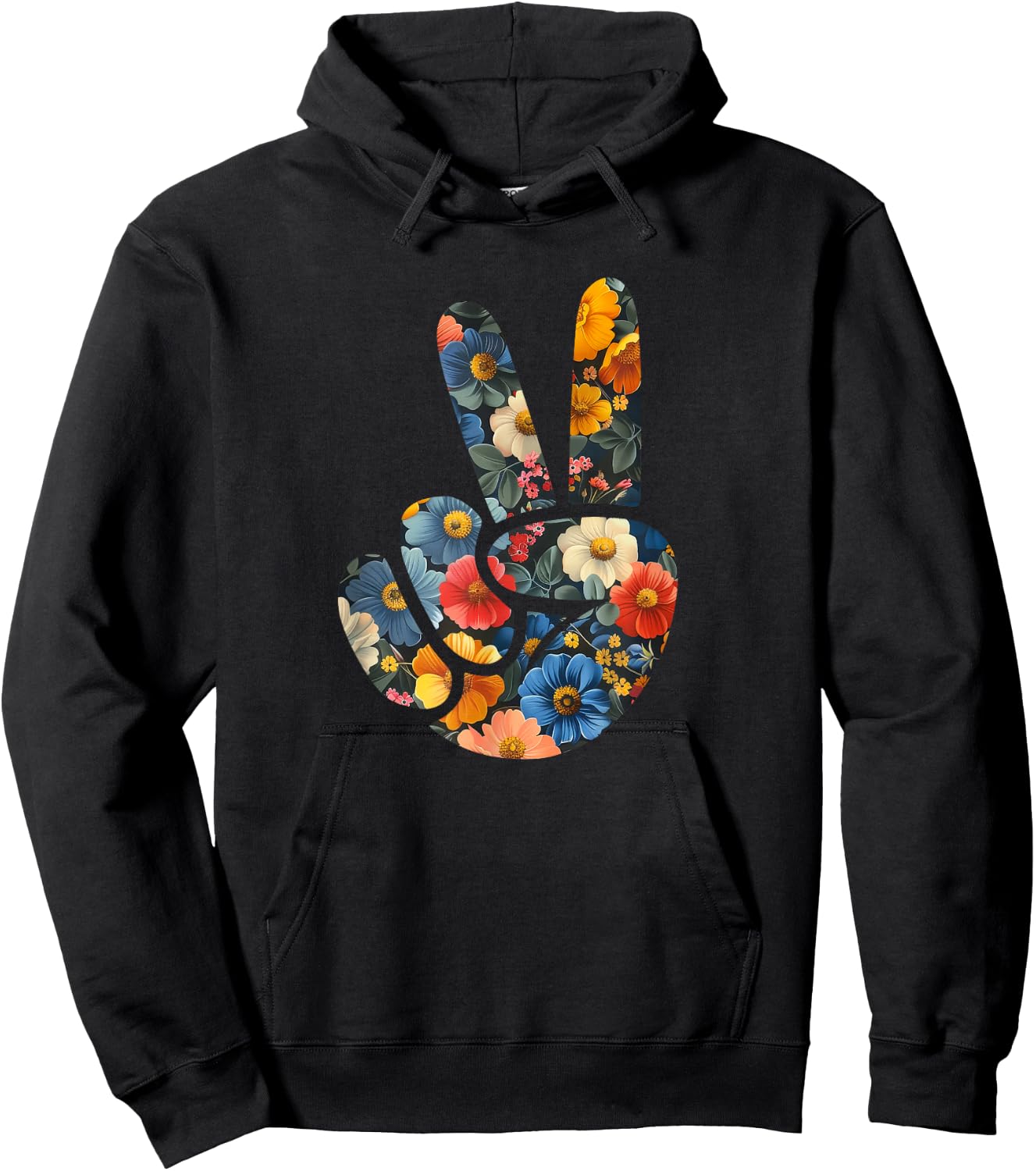 Elegant Silhouette Wildflowers Floral Peace Sign Hand Hoodie - Hoodie | Black