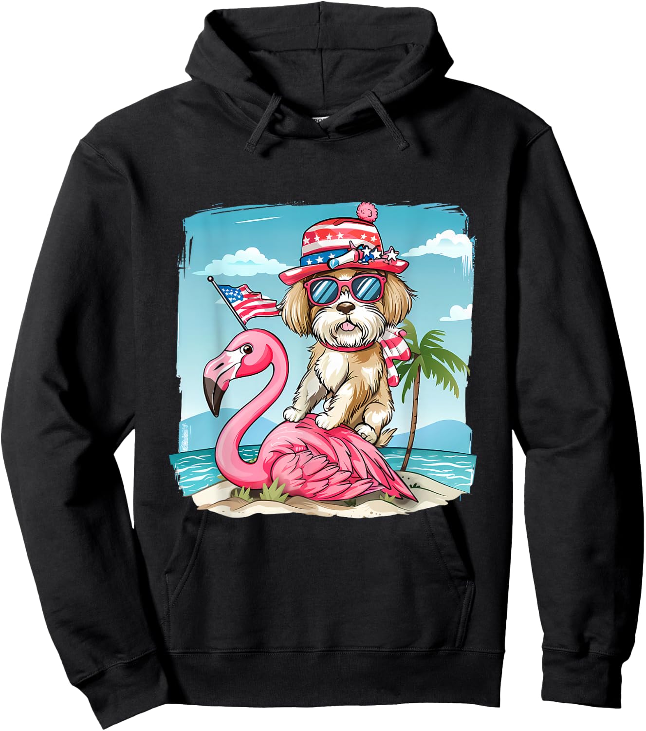Fourth Of July Flamingo Dog USA American Flag 4th Of July Hoodie - Hoodie | Black