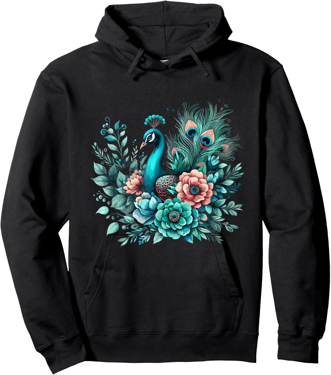 Beautiful Floral Flower Teal Feathers Peacock Hoodie - Hoodie | Black