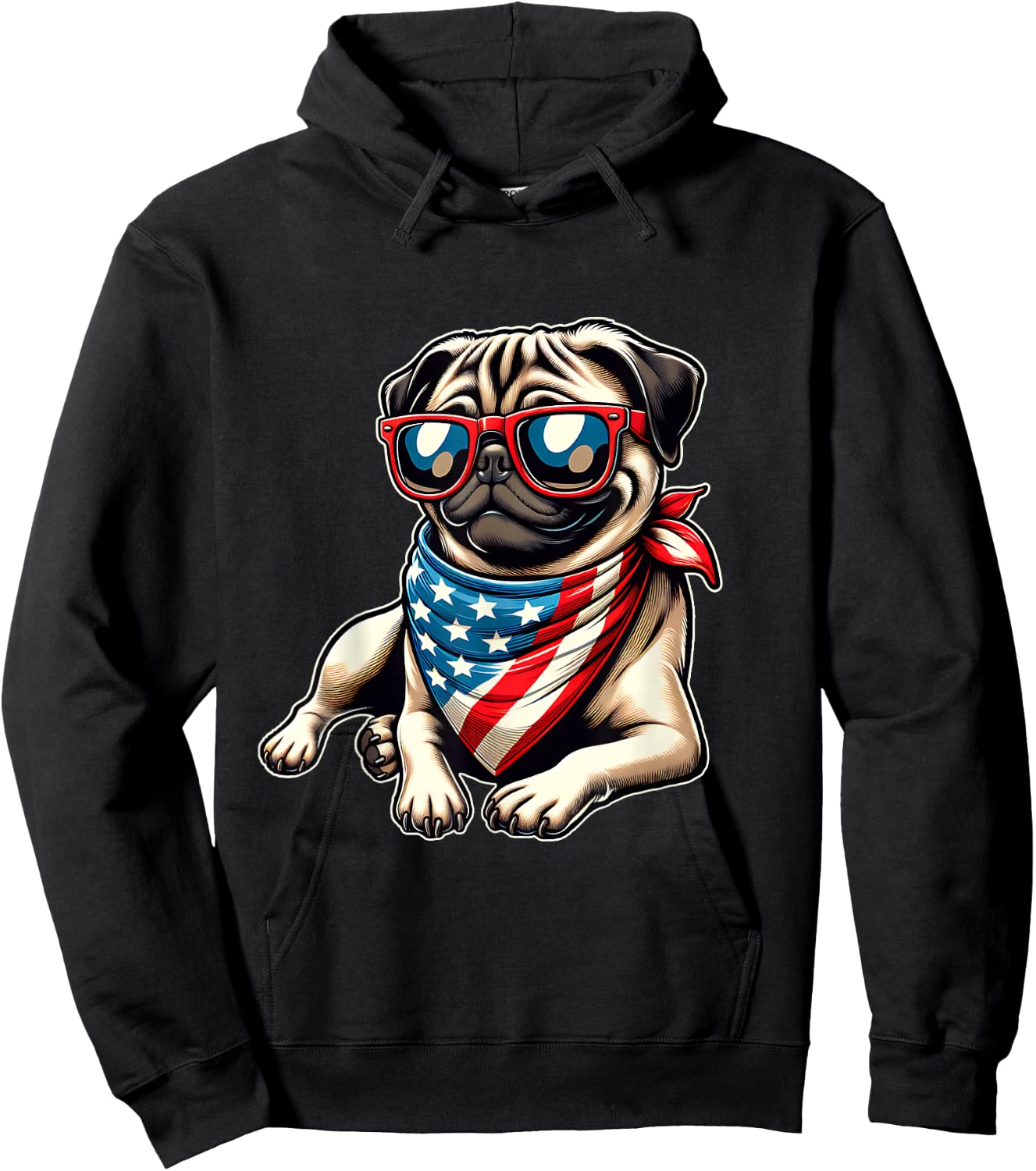 Pug with Bandana Sunglasses 4th of July US Dog American Flag Hoodie - Hoodie | Black